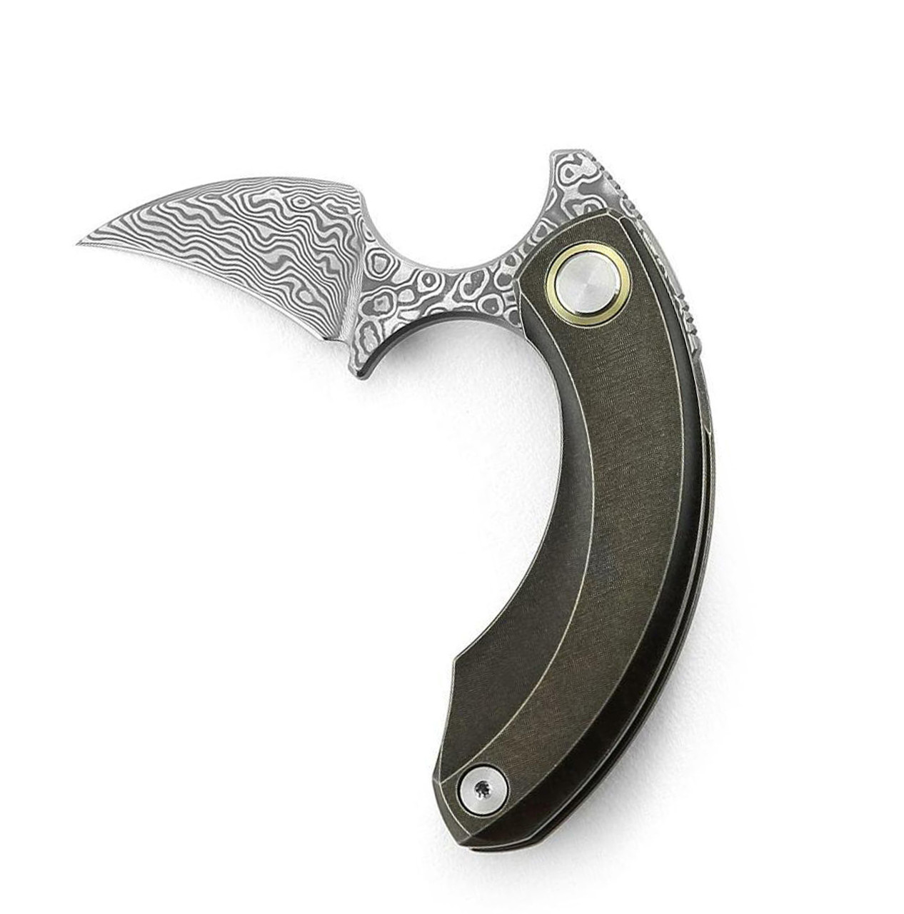 Bestech Knives Strelit BT2103J, 2.19" Damascus Reverse Hawkbill Plain Blade, Bronze Stonewashed Titanuim Handles