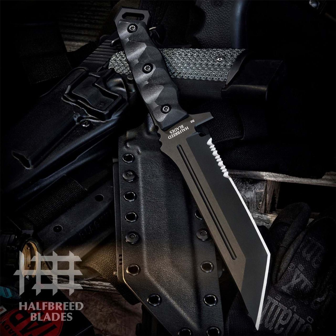 Halfbreed Blades Medium Infantry Knife (MIK-05PS) - 6.69" K110 D2 Black Teflon Coated Partially Serrated Tanto Blade, Black G10 Handles, Black Kydex Sheath