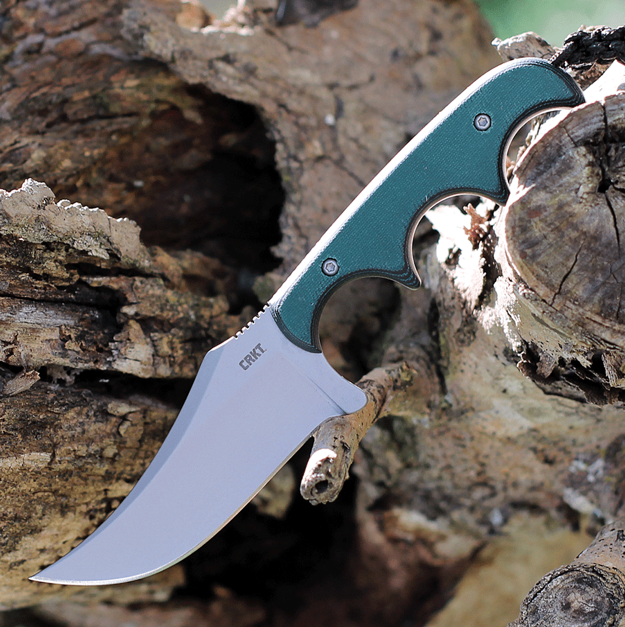 CRKT Minimalist Persian (CR2379) 2.76" 8Cr13MoV Bead Blasted Clip Point Plain Blade, Green and Black Finger-Grooved Micarta Handle. Black Thermoplastic Belt Sheath