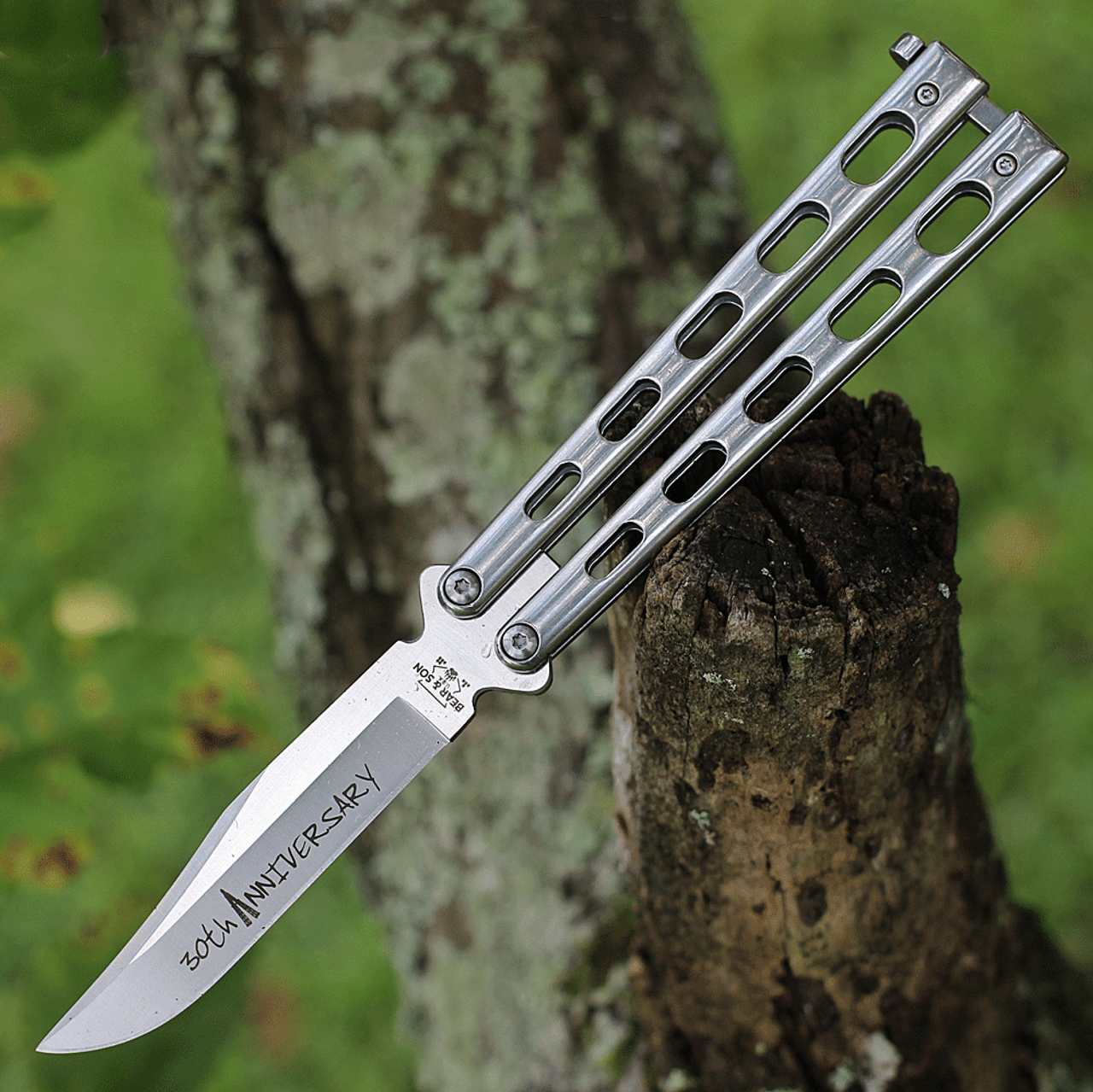 Bear & Son 30th Anniversary Butterfly (BCANNSS14D2) 3.75" D2 Satin Clip Point Plain Blade, Silver Stainless Steel Handle
