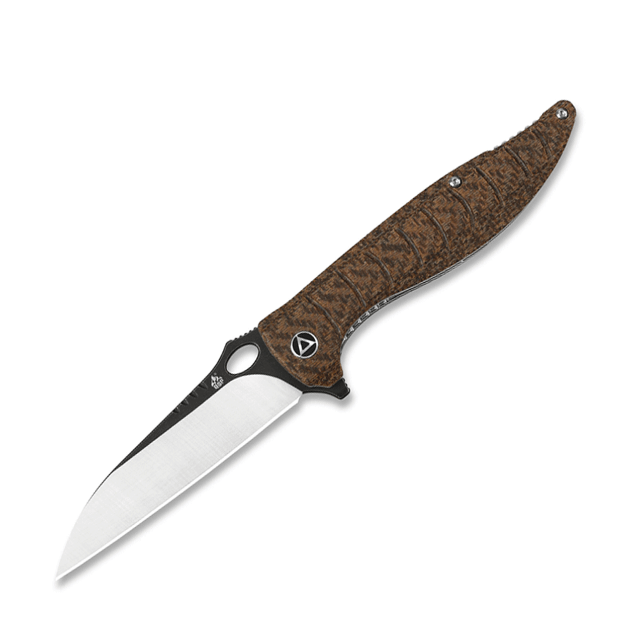 QSP Knife Locust Flipper (QS117A) 3.87" 154CM Black and Satin Wharncliffe Plain Blade, Brown Micarta Handle