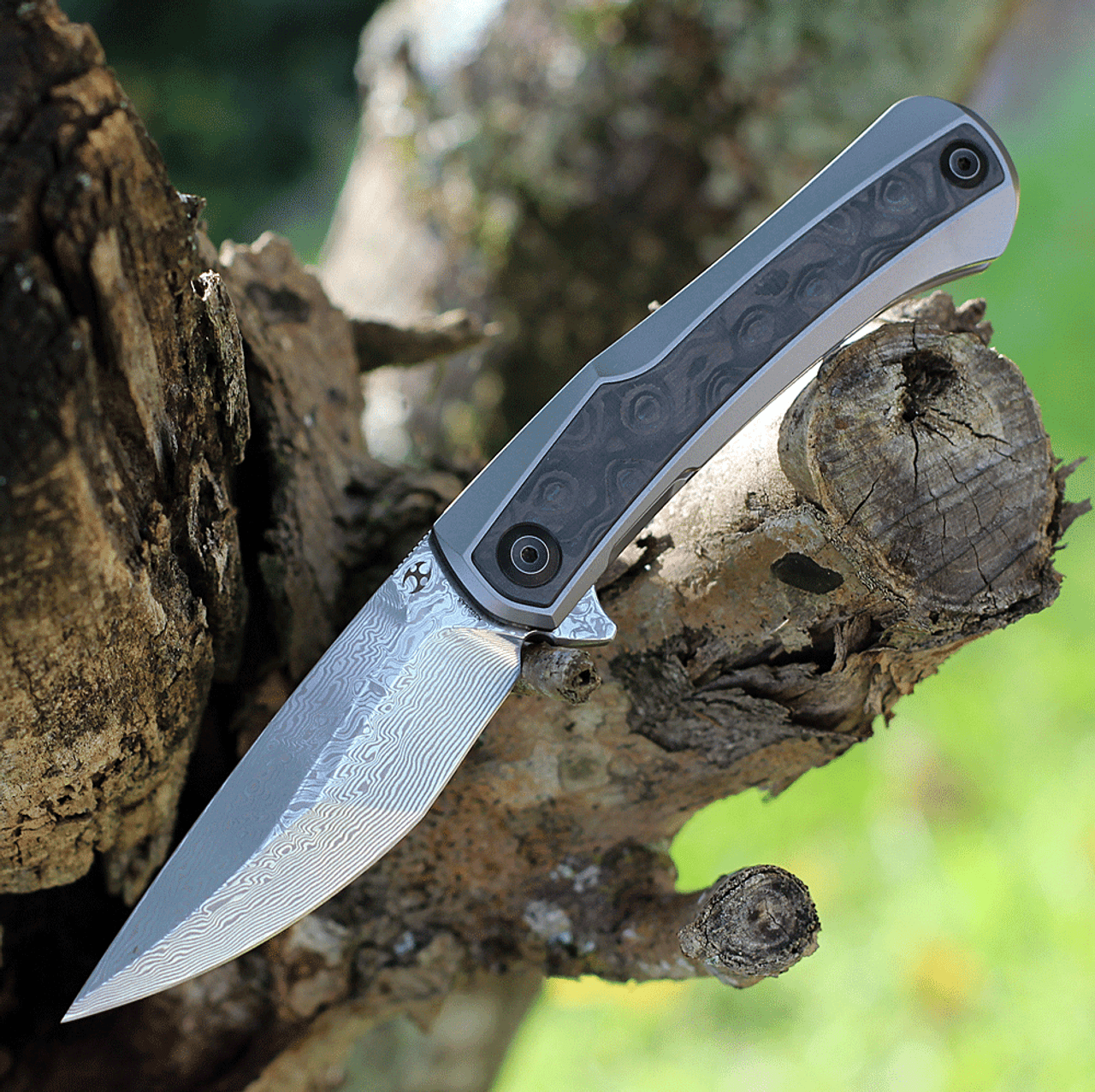 Kansept Knives Kratos Frame Lock K1024A5, 3.79" Damascus Blade, Titanium Handle with Blue Marble Carbon Fiber Overlay