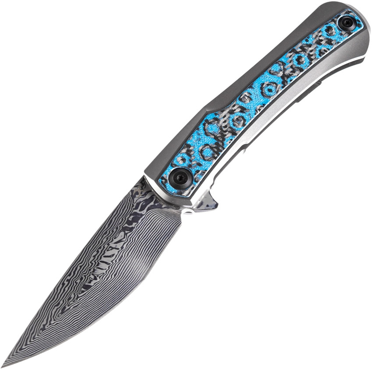 Kansept Knives Kratos (K1024A4) 3.79" Damascus Stonewashed Clip Point Plain Blade, Titanium Handle with Marble Carbon Fiber Overlay