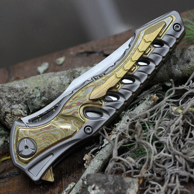 Maxace Knives Hive, TC4 titanium+Gold Mokume (3.85" Satin) MCH03 MidnightCat Studio