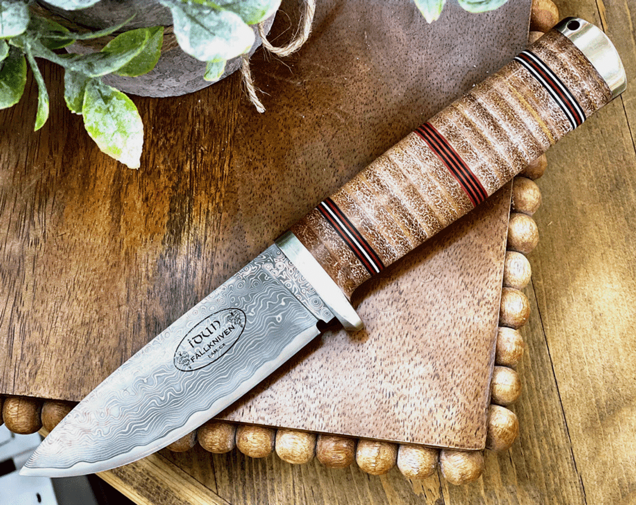 Fallkniven Idun Northern Lights NL5cxL 4" Cowry and Damascus Drop Point Fixed Blade, Stacked Leather Handle with Glass Front Display Case