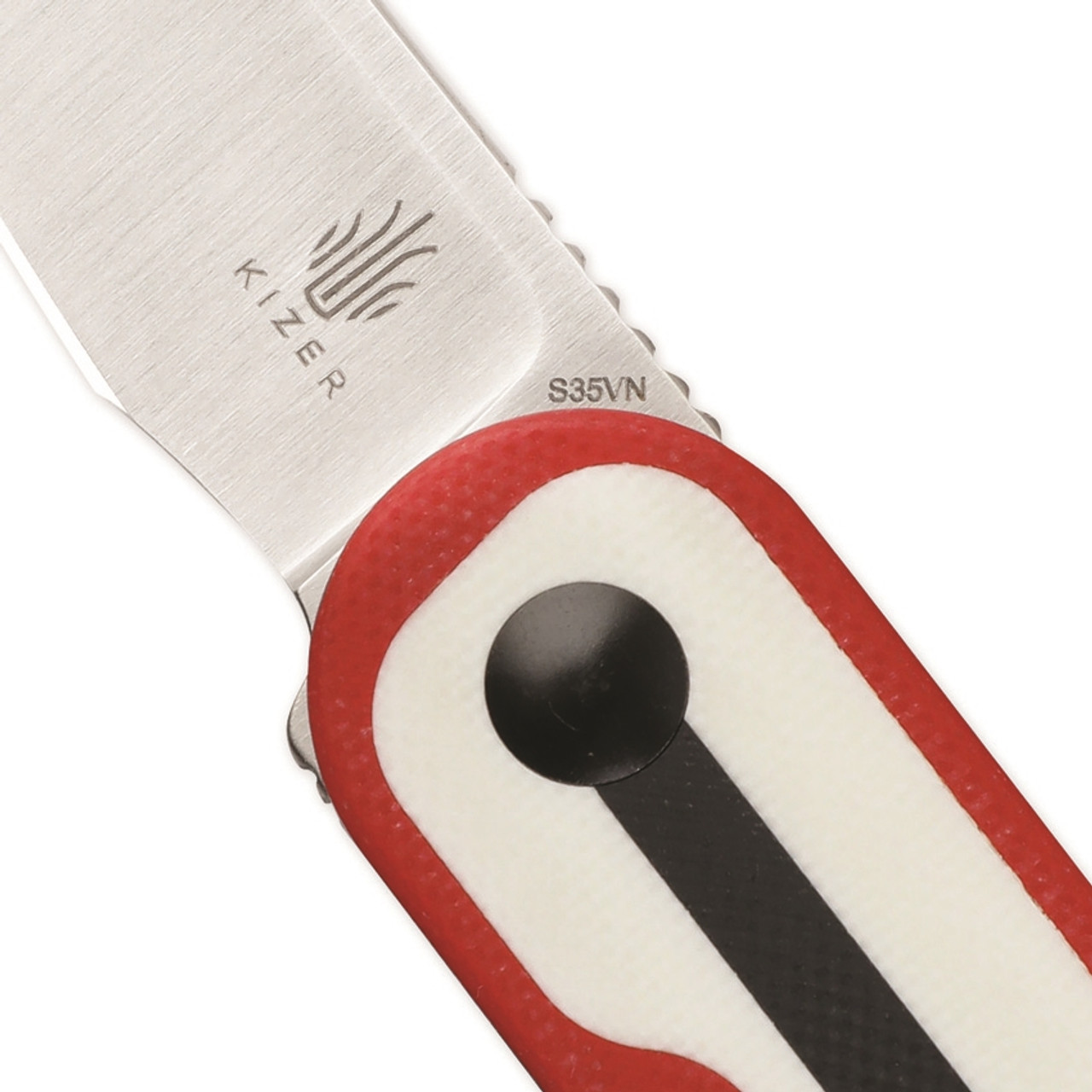 Kizer Cutlery Mini Bay (KI2583A2) 1.88" CPM-S35VN Satin Sheepsfoot Plain Blade, Red White and Black G-10 Handle