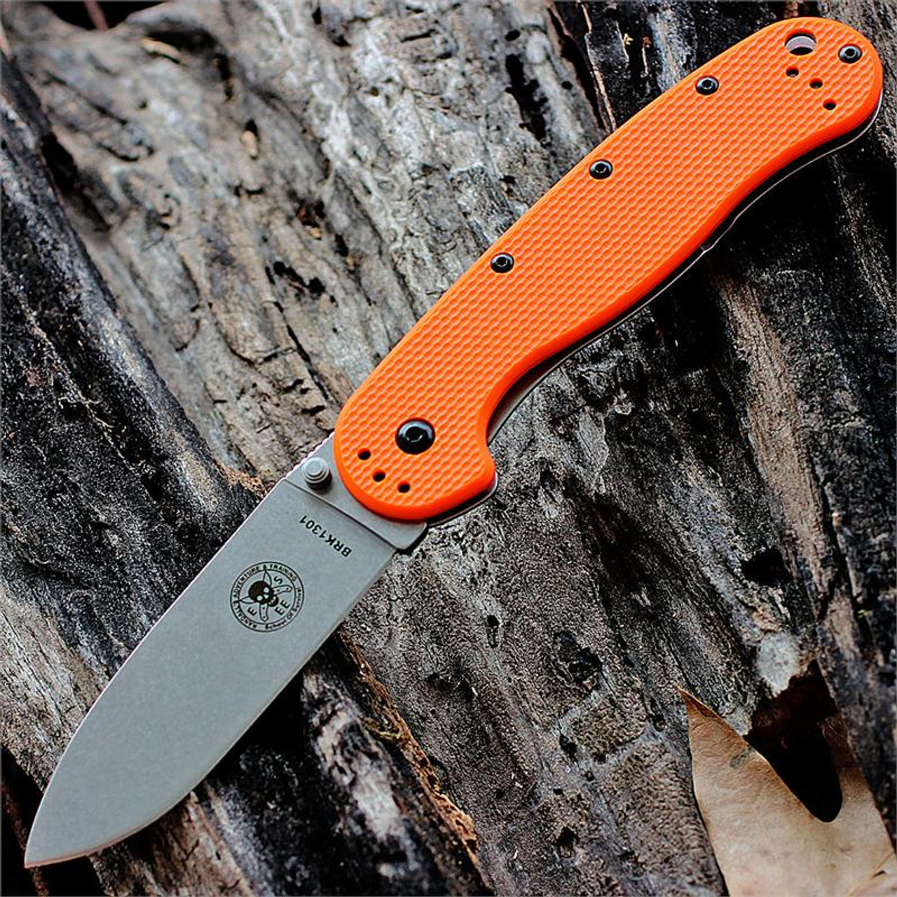 ESEE Avispa Folding Knife (BRK1301OR)- 3.50" Stonewashed AUS-8 Drop Point Blade, Orange Polymer Handle