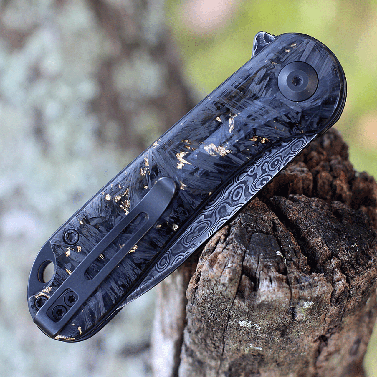 CIVIVI Elementum Folding Knife (C907C-DS1)- 2.96" Damascus Drop Point Blade, Shredded Carbon Fiber and Golden Shred Handles