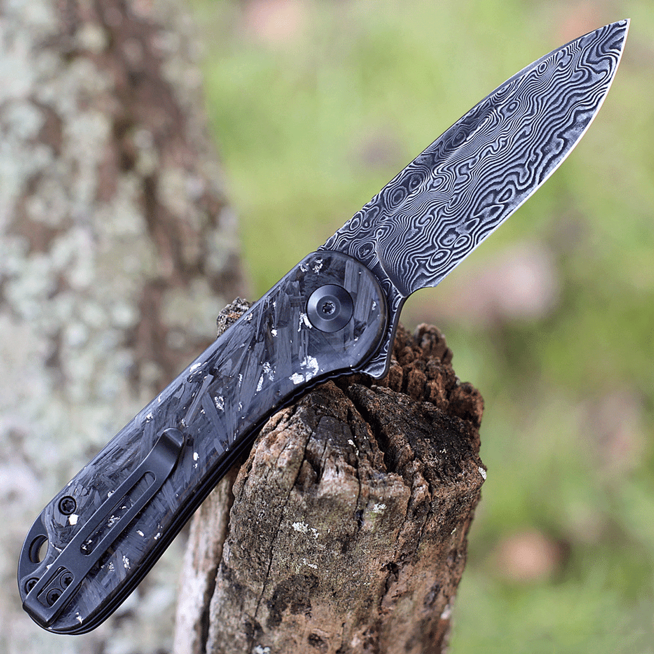 CIVIVI Elementum Folding Knife (C907C-DS2)- 2.96" Damascus Drop Point Blade, Shredded Carbon Fiber and Silver Shred Handles