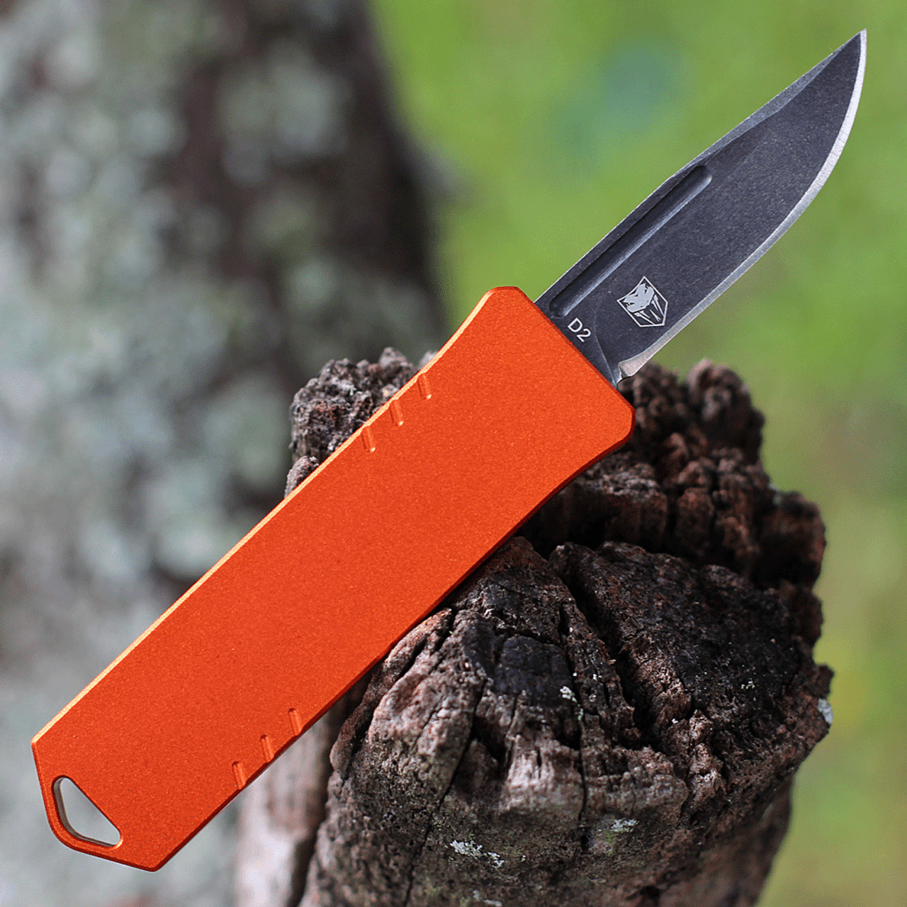 Boker Plus USB OTF (06EX275) 1.77" D2 Blackwashed Drop Point Plain Blade, Burnt Orange Aluminum Handle with Double-Action Thumb Slide