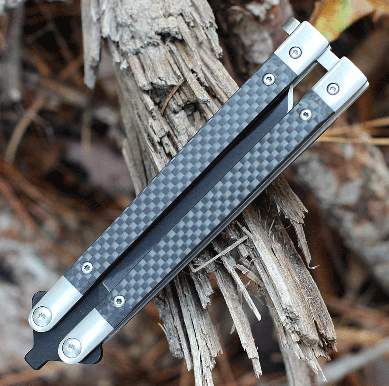 Bear & Son Cutlery 30th Anniversary Balisong Butterfly Knife (BCANNCF17) 3.75" S35VN Embellished Black Clip Point Blade, Black Carbon Fiber Handle