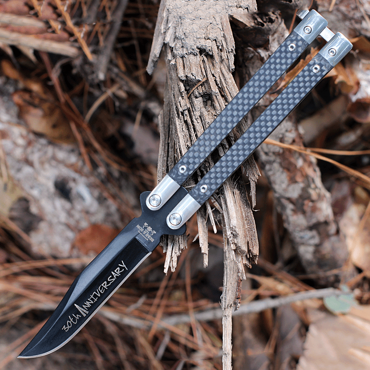 Bear & Son Cutlery 30th Anniversary Balisong Butterfly Knife (BCANNCF17) 3.75" S35VN Embellished Black Clip Point Blade, Black Carbon Fiber Handle