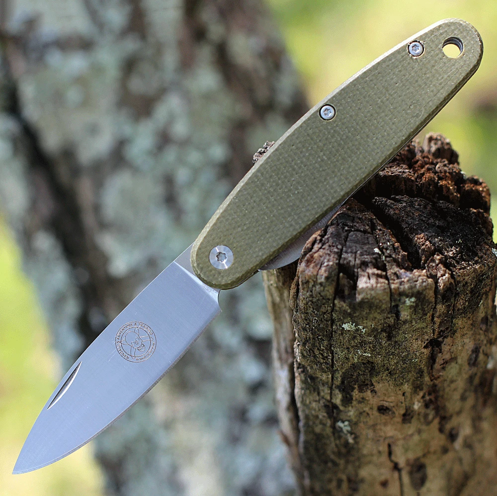 The BRK Churp (BRKC1) shown with its 2.75-inch D2 spear point blade in a satin finish and flat grind, Olive Green Micarta handle with liner lock, and tip-up pocket clip.