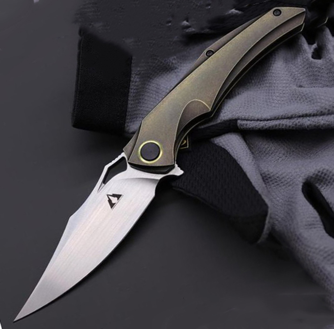 CMB Made Knives Prowler Flipper Knife - 3.75" M390 Satin Clip Point Plain Blade, Bronzed Titanium Handle