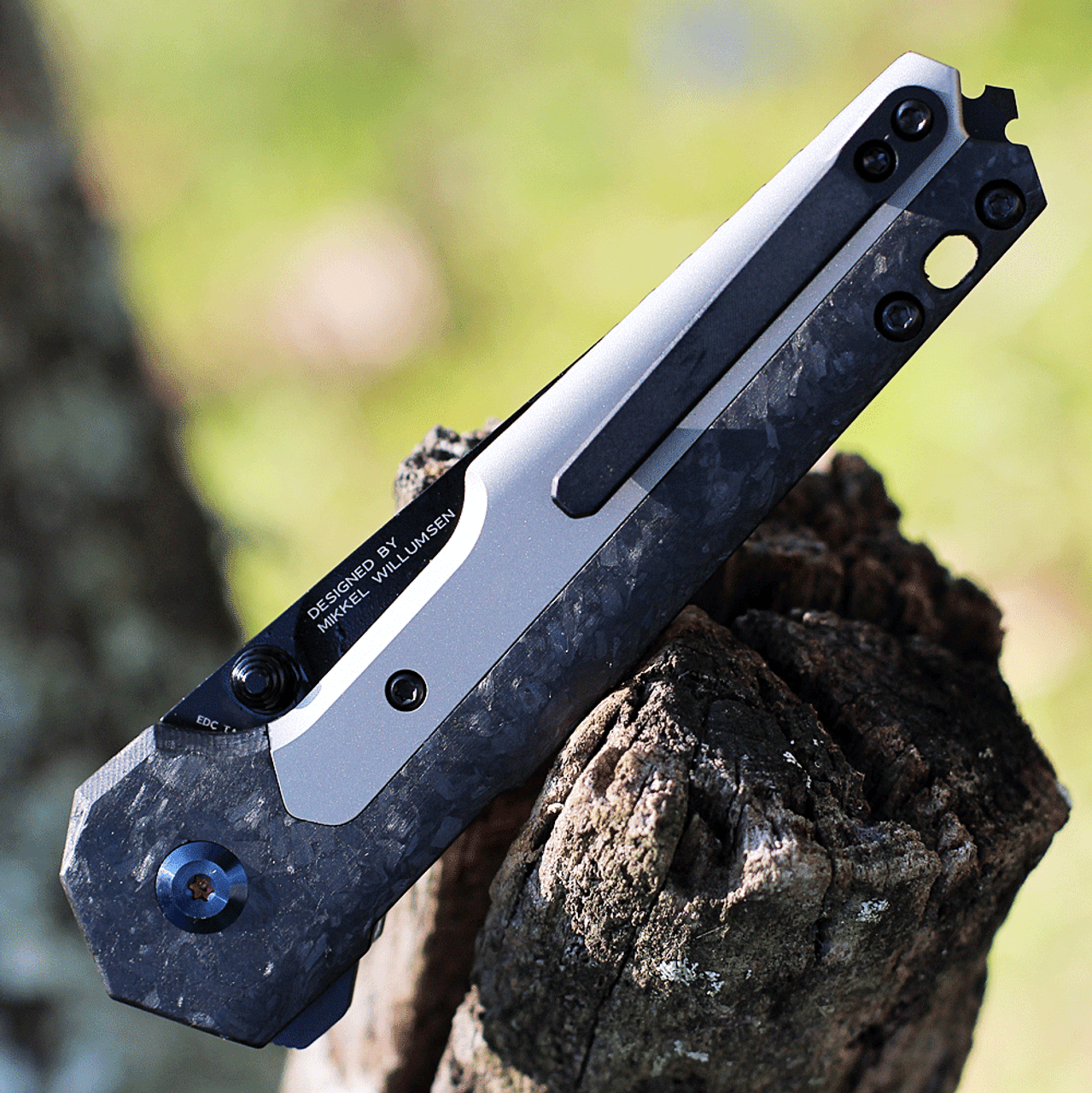Kansept Knives EDC Tac (K2009A1) - 3.1" S35VN Black Ti-Coated Drop Point Plain Blade, Gray Titianium Handle with Shred Carbon Fiber Inlay