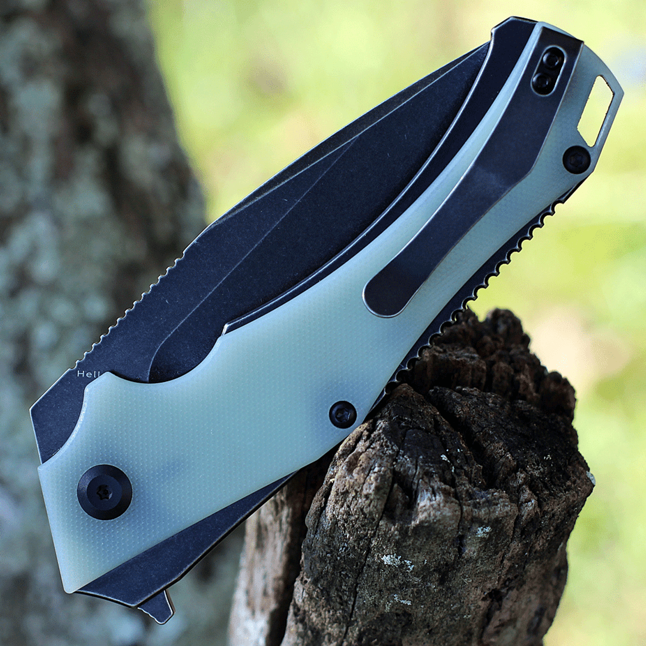 Kansept Knives Hellx (KT1008A4) 3.6" D2 Stonewashed Black Ti-Coated Drop Point Plain Blade, Jade G-10 + Blue SS Handle