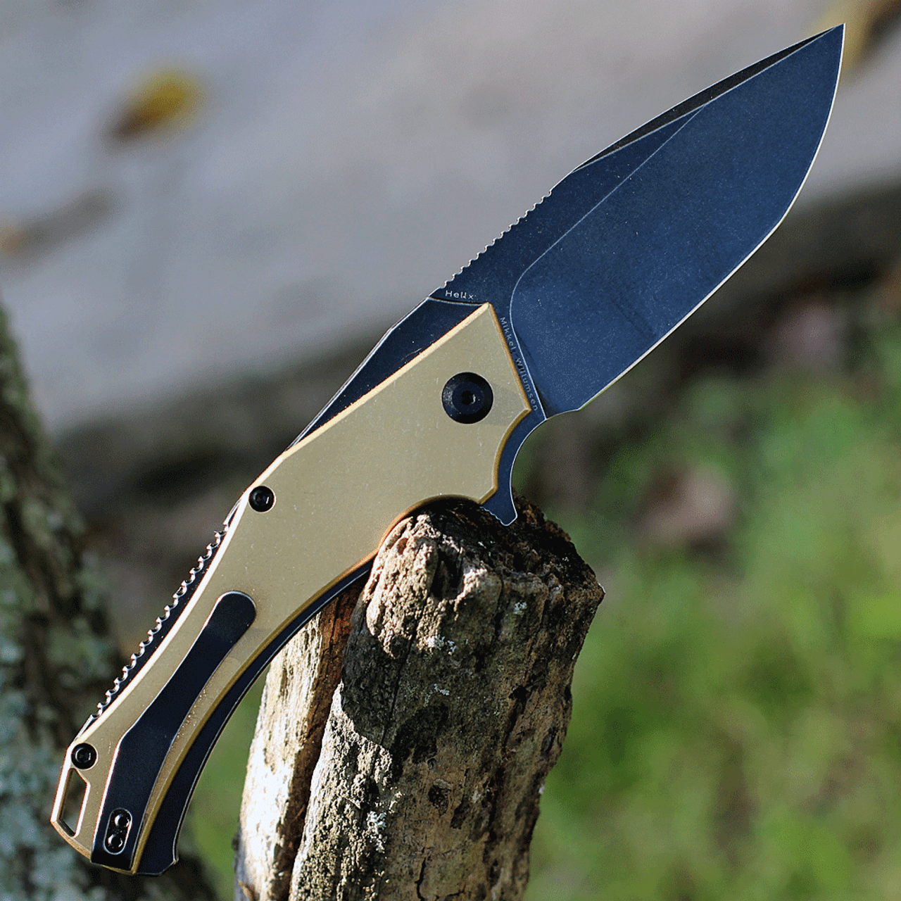 Kansept Knives Hellx (KT1008B2) 3.6" D2 Stonewashed Black Ti-Coated Drop Point Plain Blade, Brass and Black Stainless Steel Handle