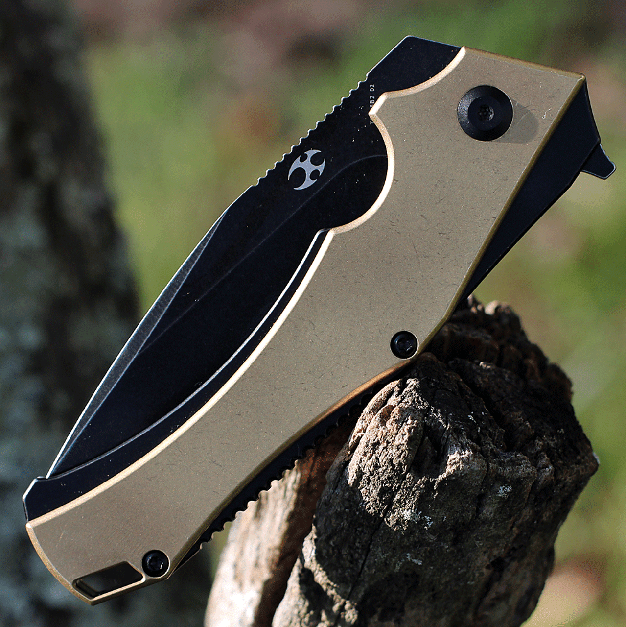 Kansept Knives Hellx (KT1008B2) 3.6" D2 Stonewashed Black Ti-Coated Drop Point Plain Blade, Brass and Black Stainless Steel Handle