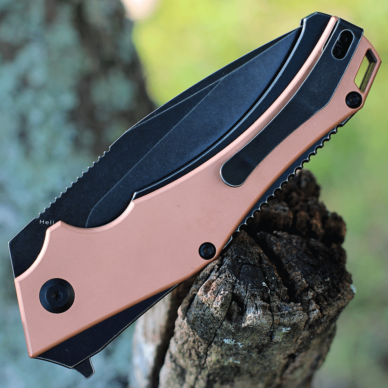 Kansept Knives Hellx (KT1008C1) 3.6" D2 Stonewashed Black Ti Coated Drop Point Blade, Red Copper and Blue Anodized Stainless Steel Handle