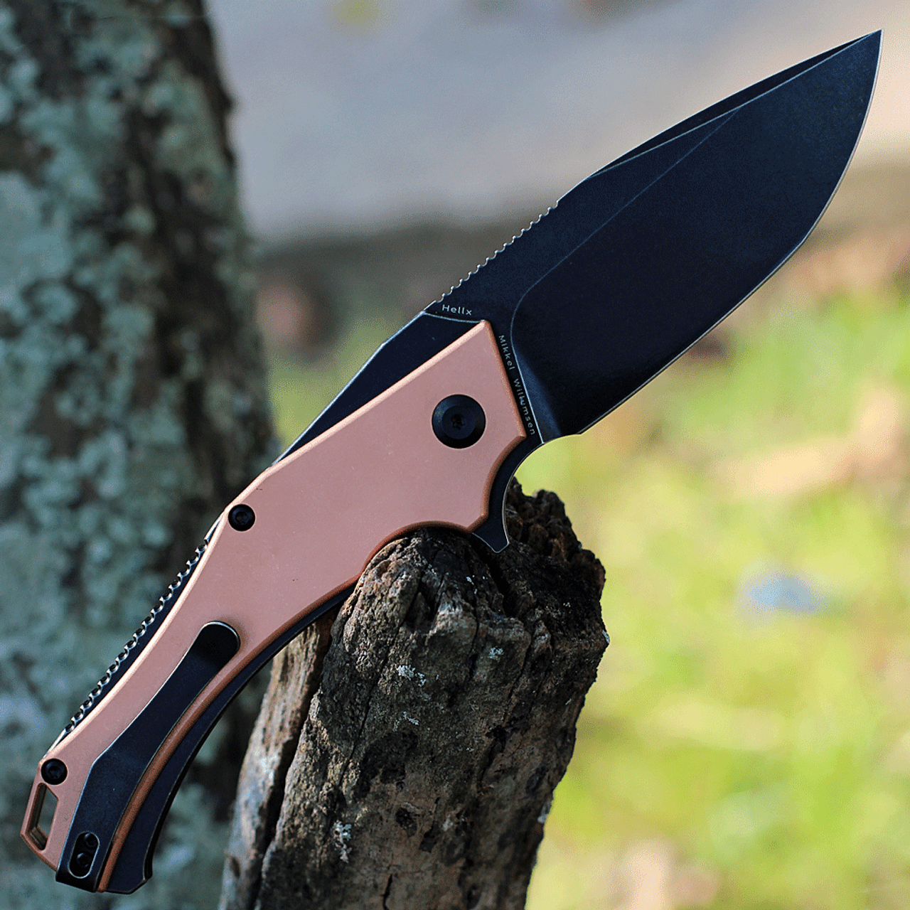 Kansept Knives Hellx Folding Knife (T1008C1) - 3.6" D2 Stonewashed Black Ti Coated Drop Point Blade, Red Copper and Black Stonewashed Stainless Steel Handle