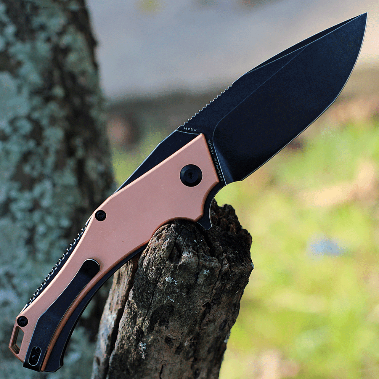 Kansept Knives Hellx (KT1008C1) 3.6" D2 Stonewashed Black Ti Coated Drop Point Blade, Red Copper and Blue Anodized Stainless Steel Handle