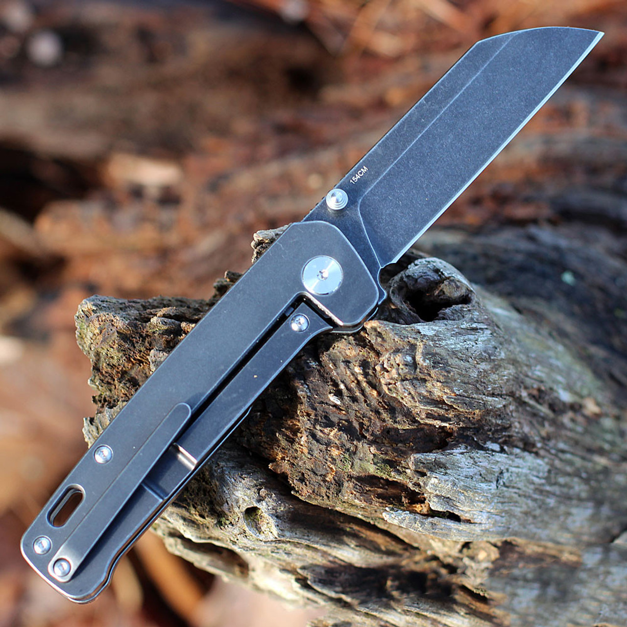 QSP Knife Penguin Folding Knife (QS130O) 3.125" 154CM Black Stonewashed Sheepsfoot Plain Blade, Black Stonewashed Titanium Handles