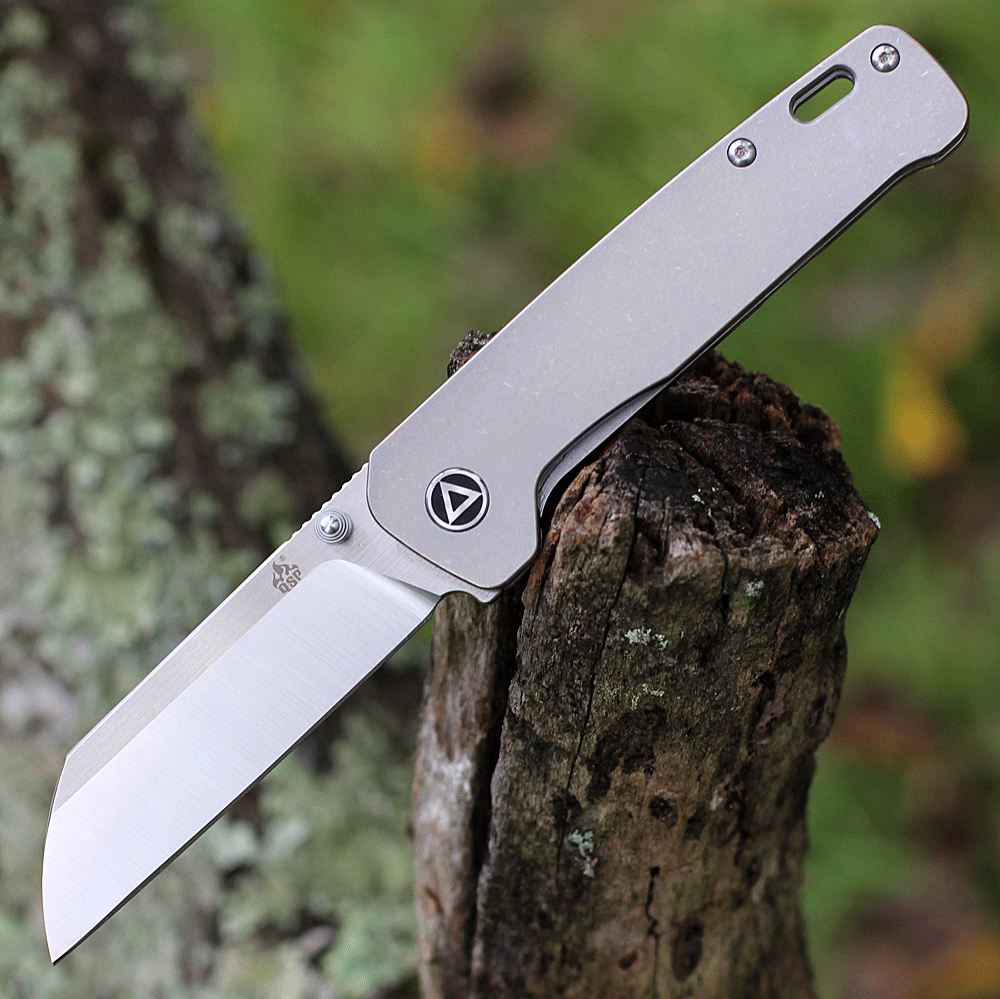 QSP Knife Penguin Folding Knife (QS130P) 3.06" 154CM Two-Toned Satin Sheepsfoot Plain Blade, Bead Blasted Titanium Stonewashed Handle