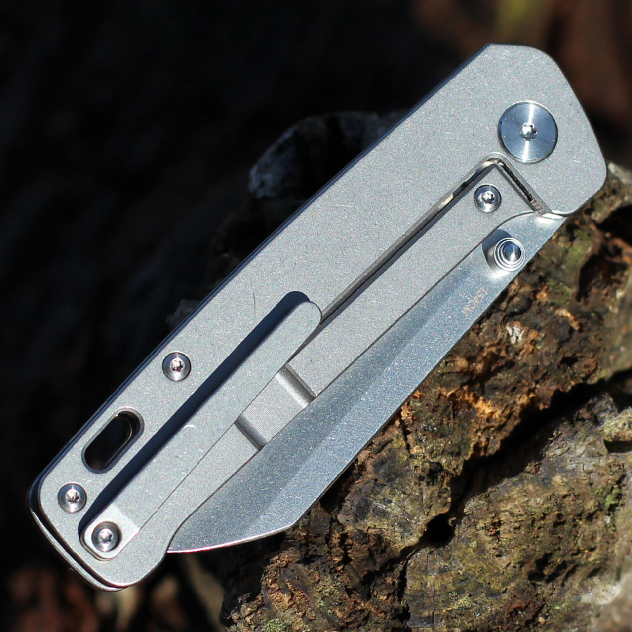 QSP Knife Penguin Folding Knife (QS130Q) 3.125" 154CM Stonewashed Sheepsfoot Plain Blade, Bead Blasted Titanium Handle