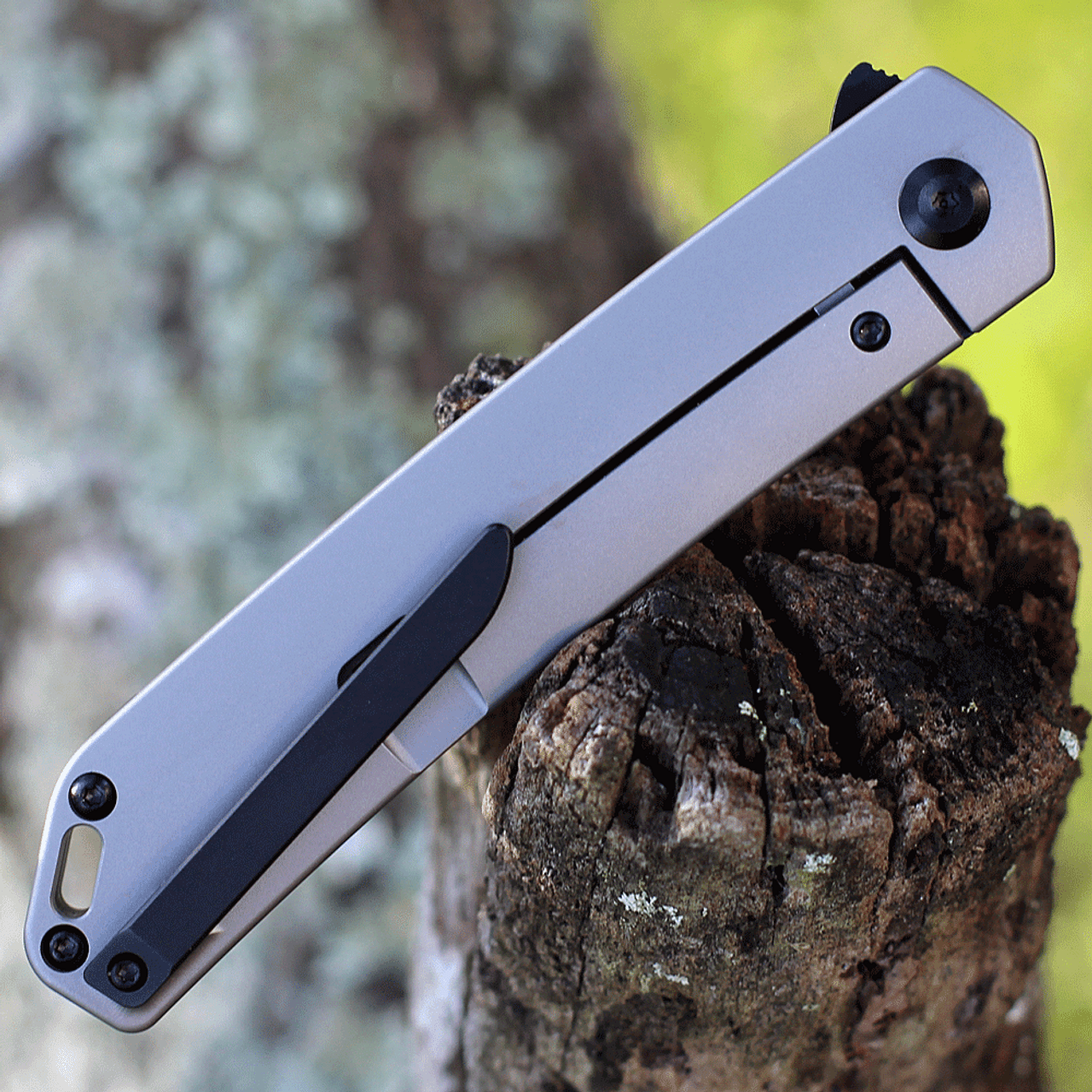 Kansept HazaKura (K1019A1) - 3.5" S35VN Black Tanto Plain Blade, Gray Titanium Handle with Carbon Fiber Inlays