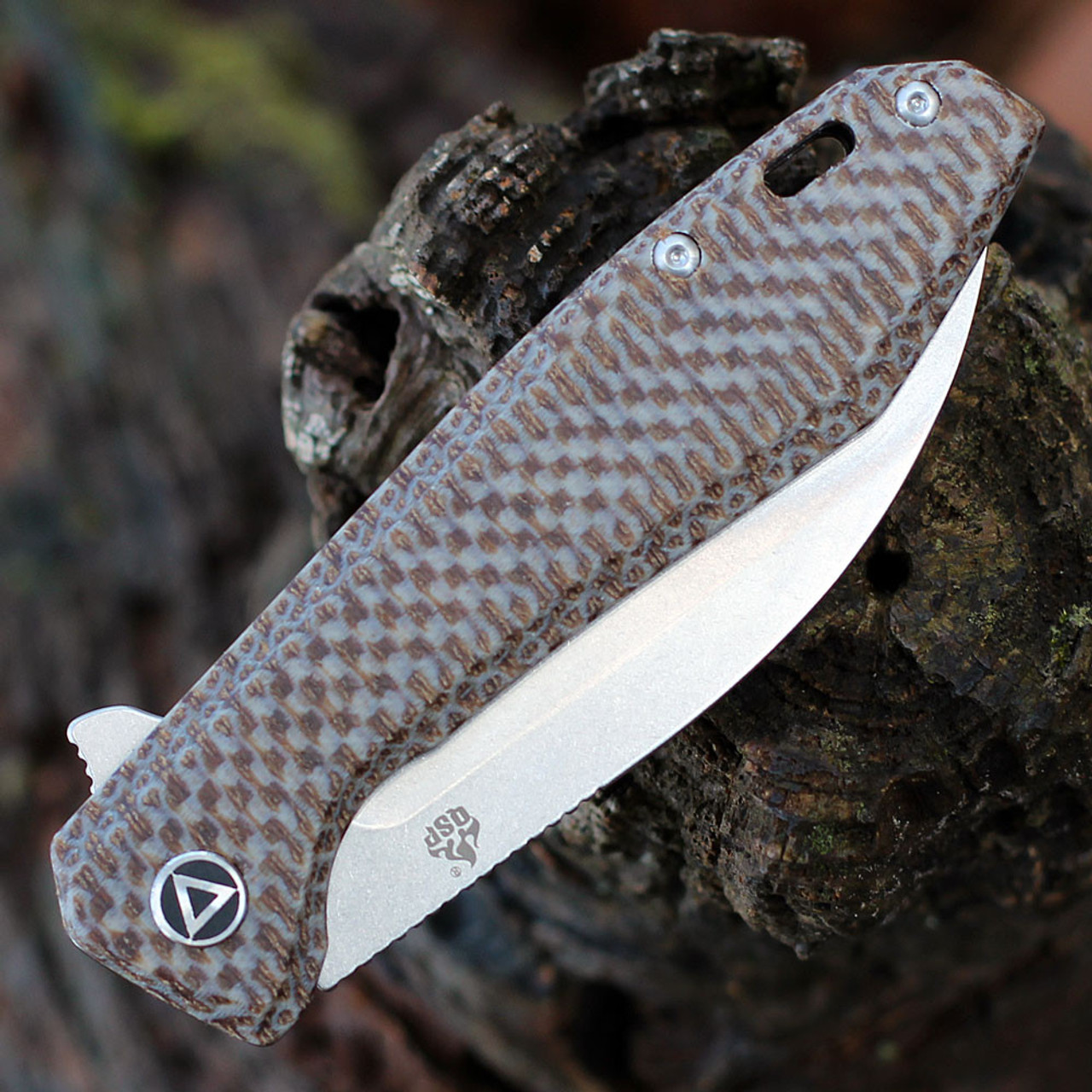 QSP Knife Pelican (QS118A1) 3.625" CPM-S35VN Stonewashed Wharncliffe Plain Blade, Brown Textured Micarta Handle