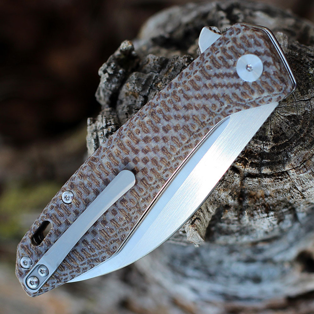 QSP Knife Pelican (QS118A2) 3.75" CPM-S35VN Two-Tone Satin Wharncliffe Plain Blade, Brown Textured Micarta Handle