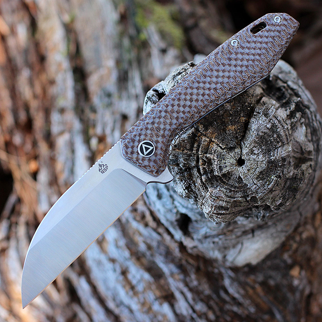 QSP Knife Pelican (QS118A2) 3.75" CPM-S35VN Two-Tone Satin Wharncliffe Plain Blade, Brown Textured Micarta Handle