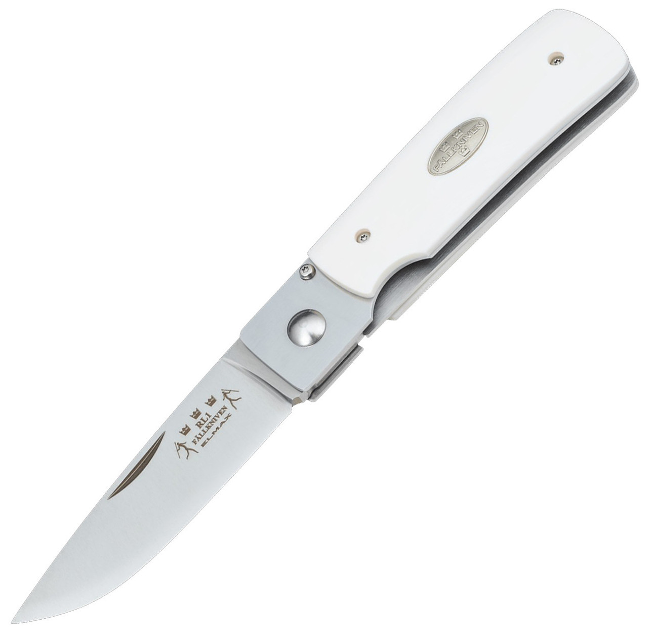 Fallkniven RL1 Folder (RL1ey) 2.7" Satin Elmax Drop Point Blade, Ivory Elforyn Handle, Black Suede Pouch
