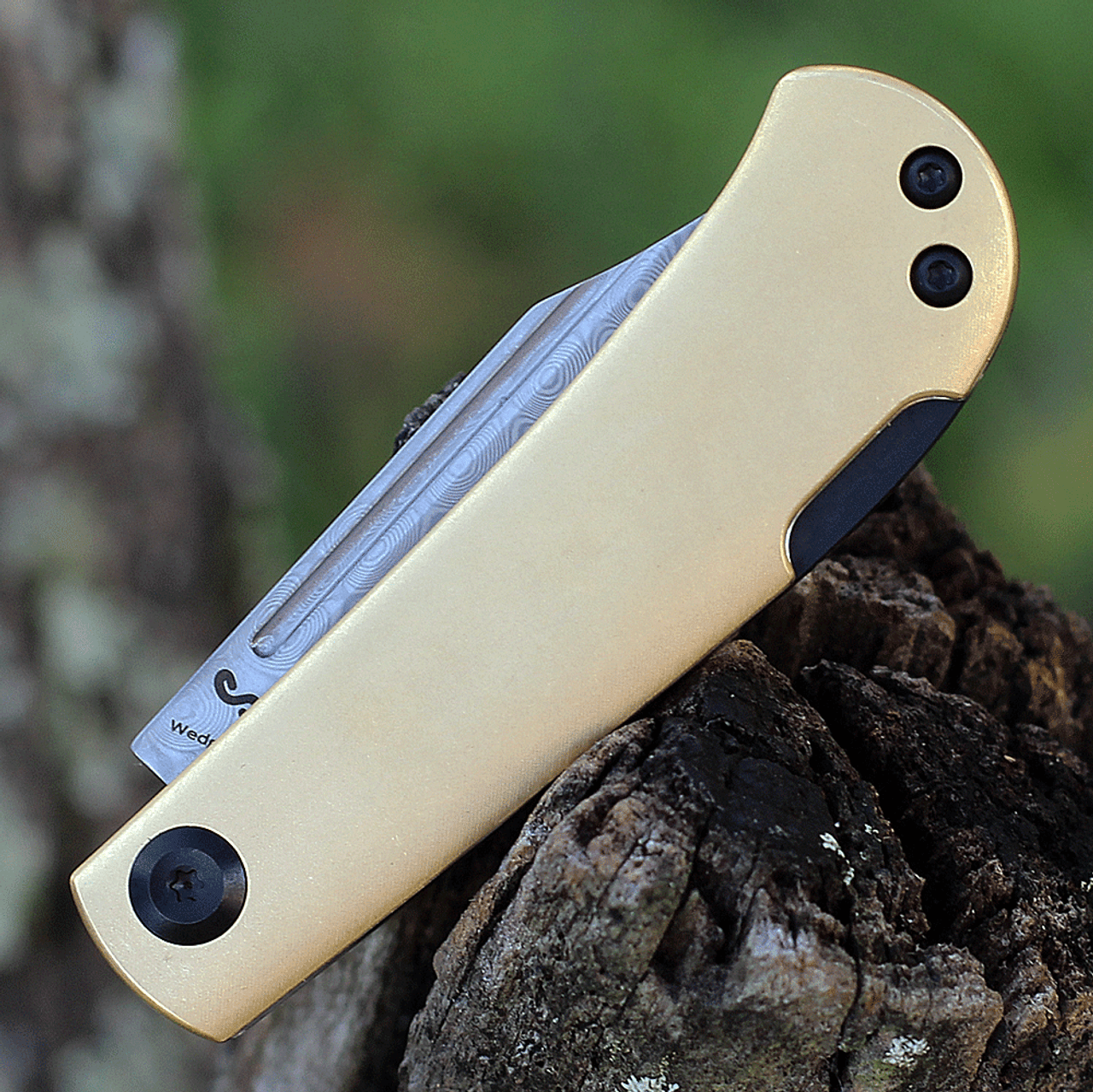 Kansept Knives Wedge (K2026BB1) - 2.9" Damascus Stonewashed Clip Point Plain Blade, Brass Handle