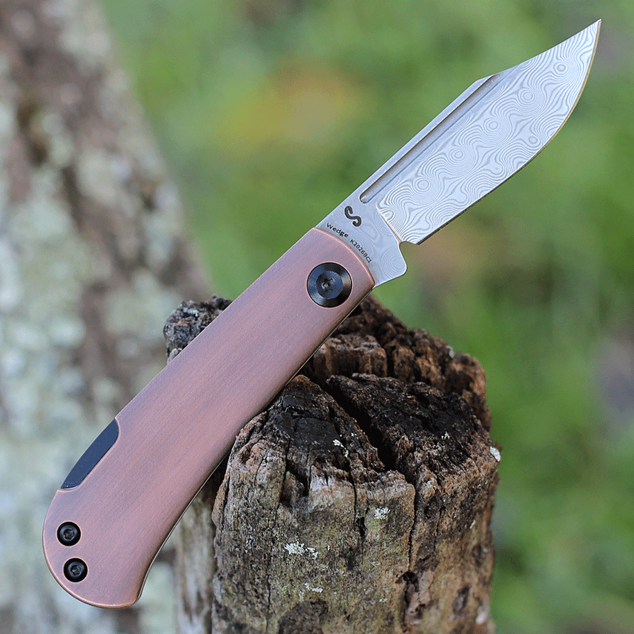 Kansept Knives Wedge (K2026BC1) - 2.9" Damascus Stonewashed Clip Point Plain Blade, Red Copper Handle