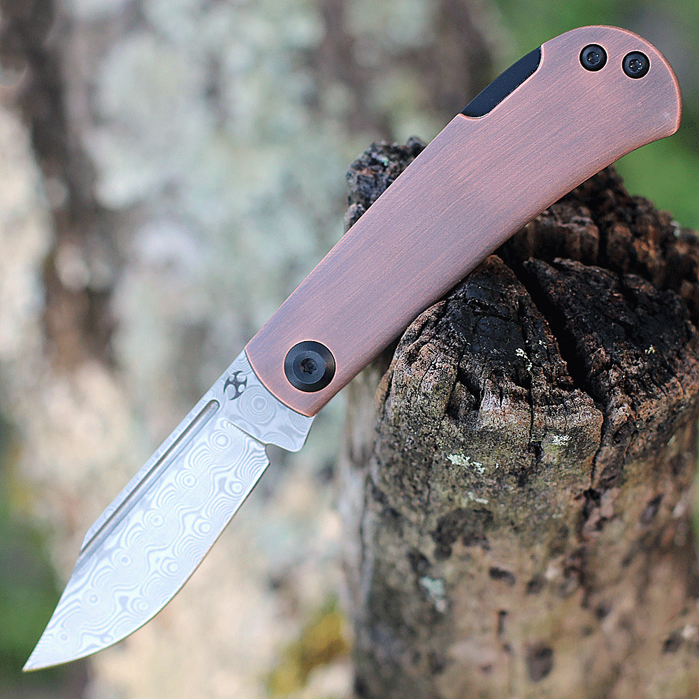Kansept Knives Wedge (K2026BC1) - 2.9" Damascus Stonewashed Clip Point Plain Blade, Red Copper Handle