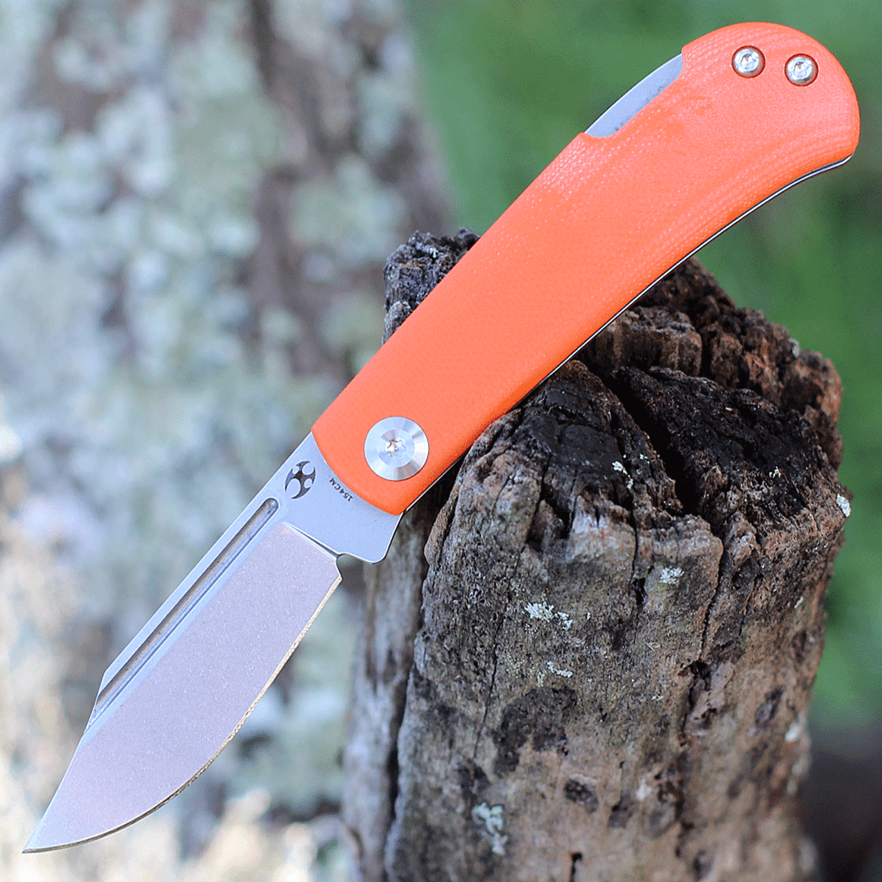 Kansept Knives Wedge (KT2026B8) 2.45" 154CM Stonewashed Clip Point Plain Blade, Orange G-10 Handle