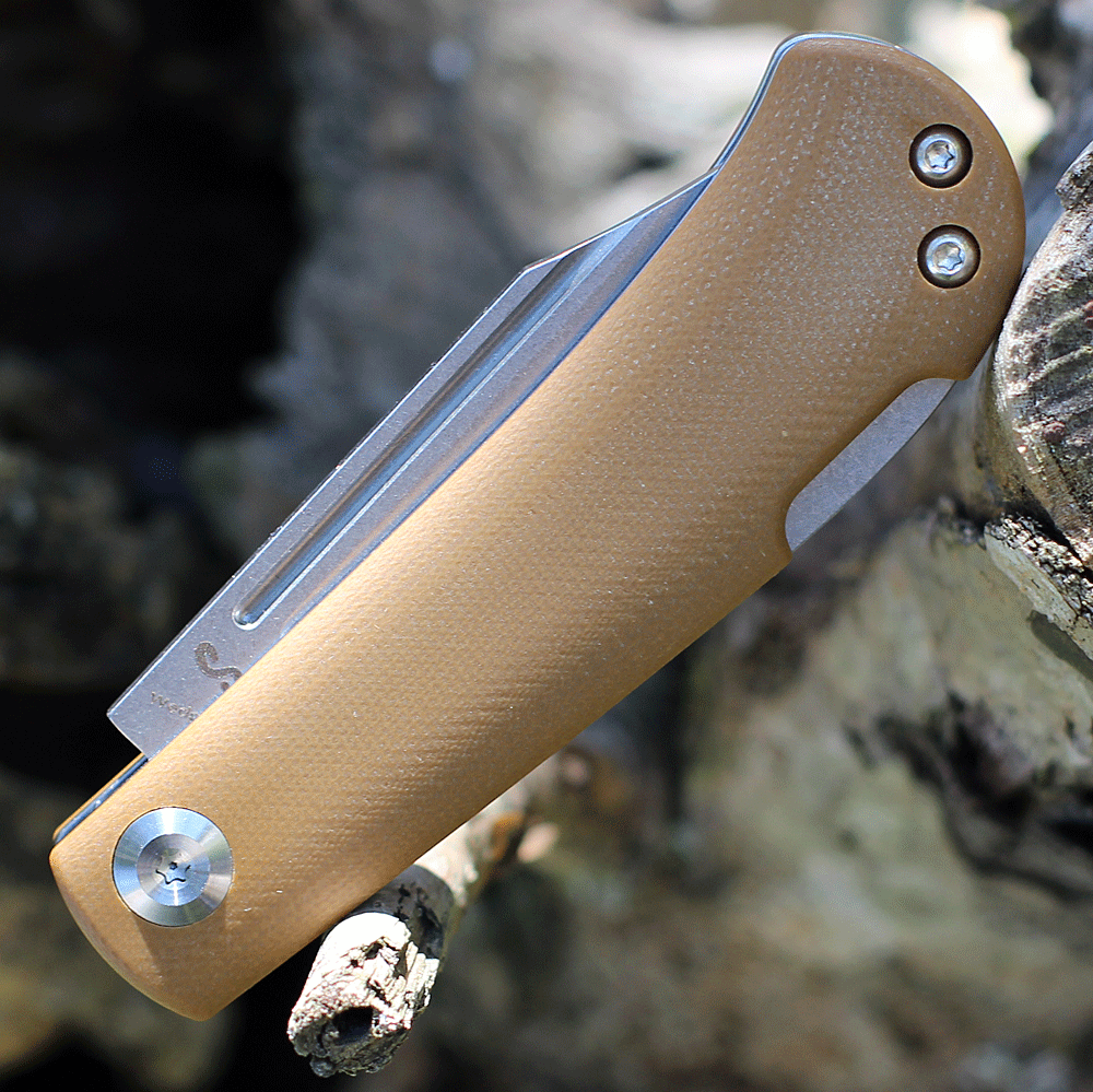 Kansept Knives Wedge (KT2026B9) 2.9" 154CM Stonewashed Clip Point Plain Blade, Yellowish Brown G-10 Handle