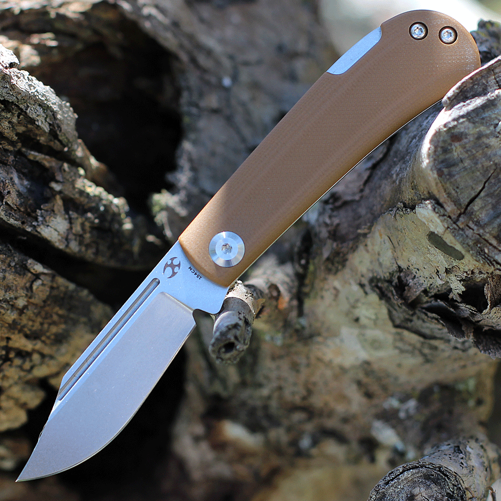 Kansept Knives Wedge (KT2026B9) 2.9" 154CM Stonewashed Clip Point Plain Blade, Yellowish Brown G-10 Handle