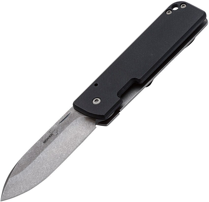 Boker Plus Lancer 42 01BO465 folding knife profile view showing stonewashed D2 blade and black G-10 handle scale.