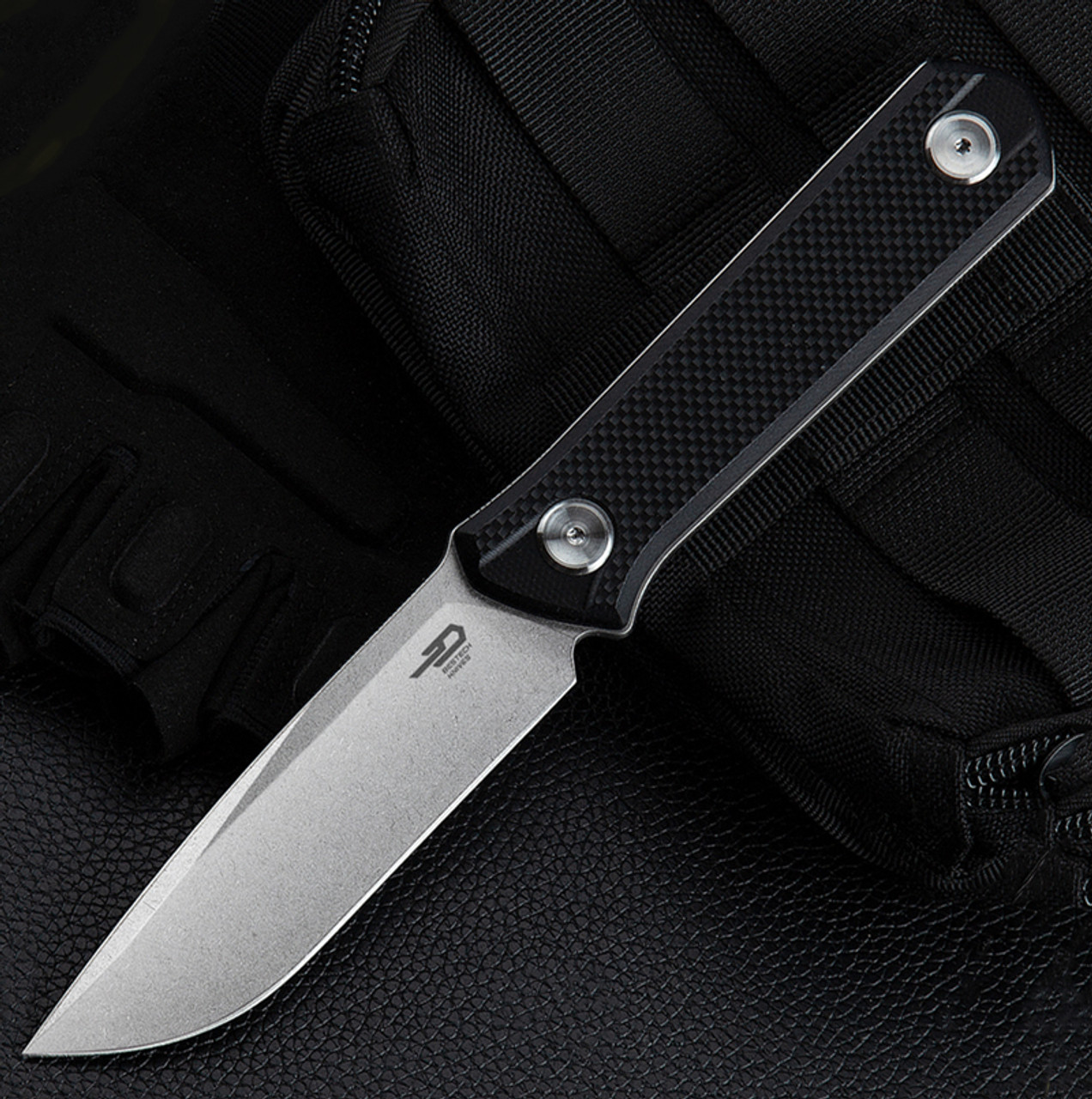 Bestech Hedron (BFK02A) - 3.75" D2 Stonewashed Drop Point Fixed Blade, Black G-10 Handle, Black Kydex Sheath