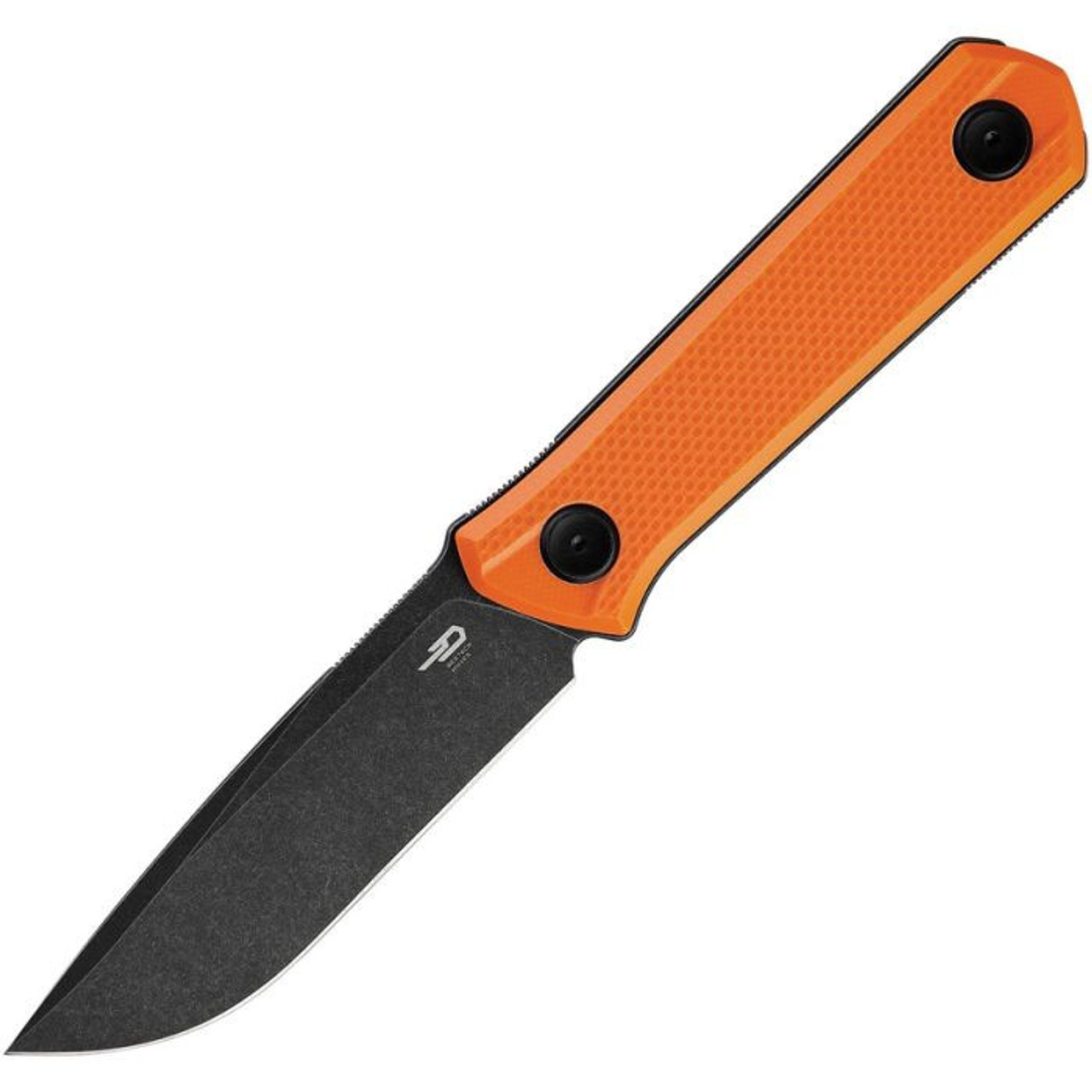 Bestech Hedron (BFK02C) - 3.75" D2 Black Stonewashed Drop Point Fixed Blade, Orange G-10 Handle, Black Kydex Sheath