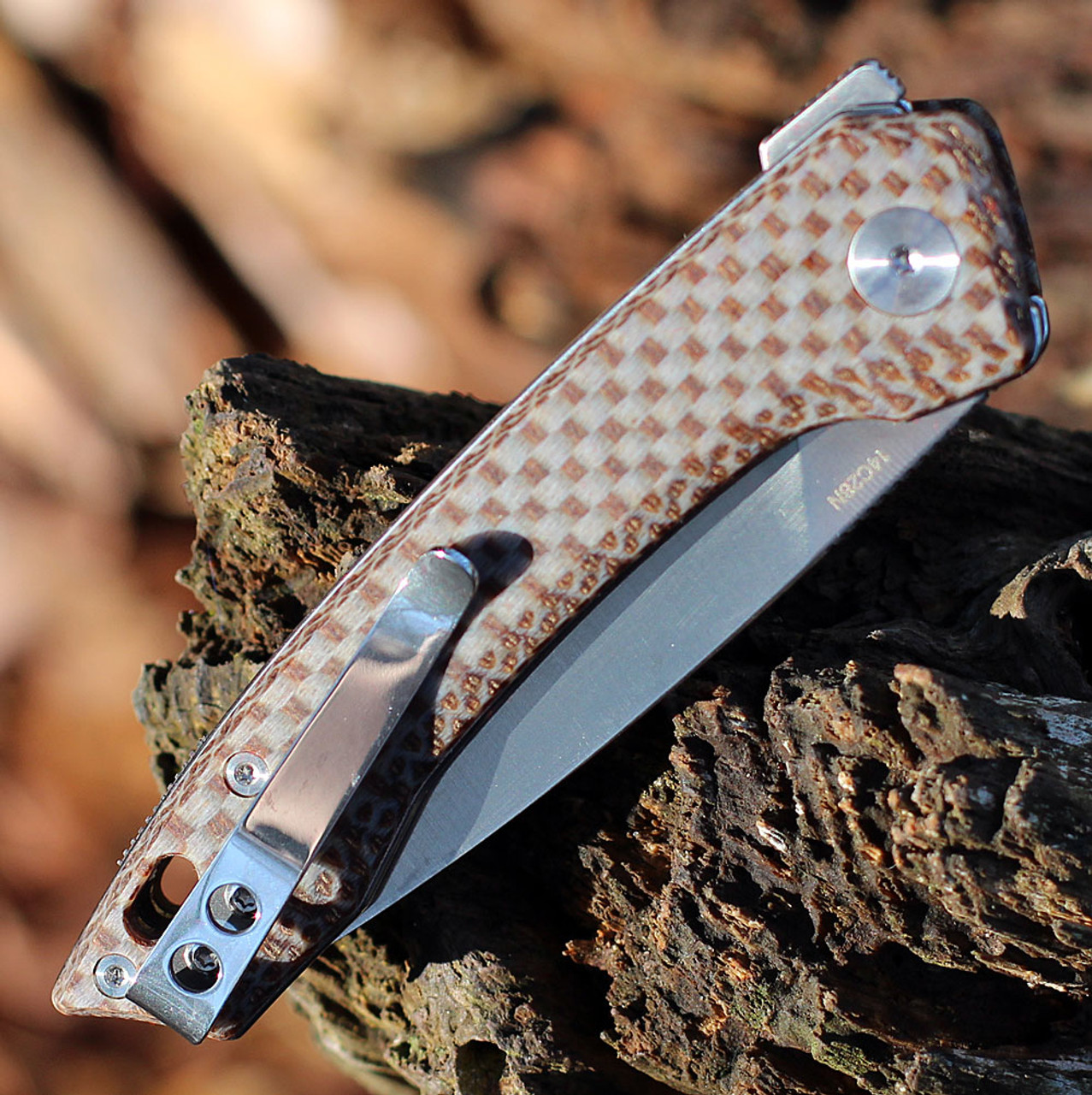 QSP Knife Leopard (QS135D) 3" 14C28N Satin Drop Point Plain Blade, Brown & Gray Linen Micarta Handle