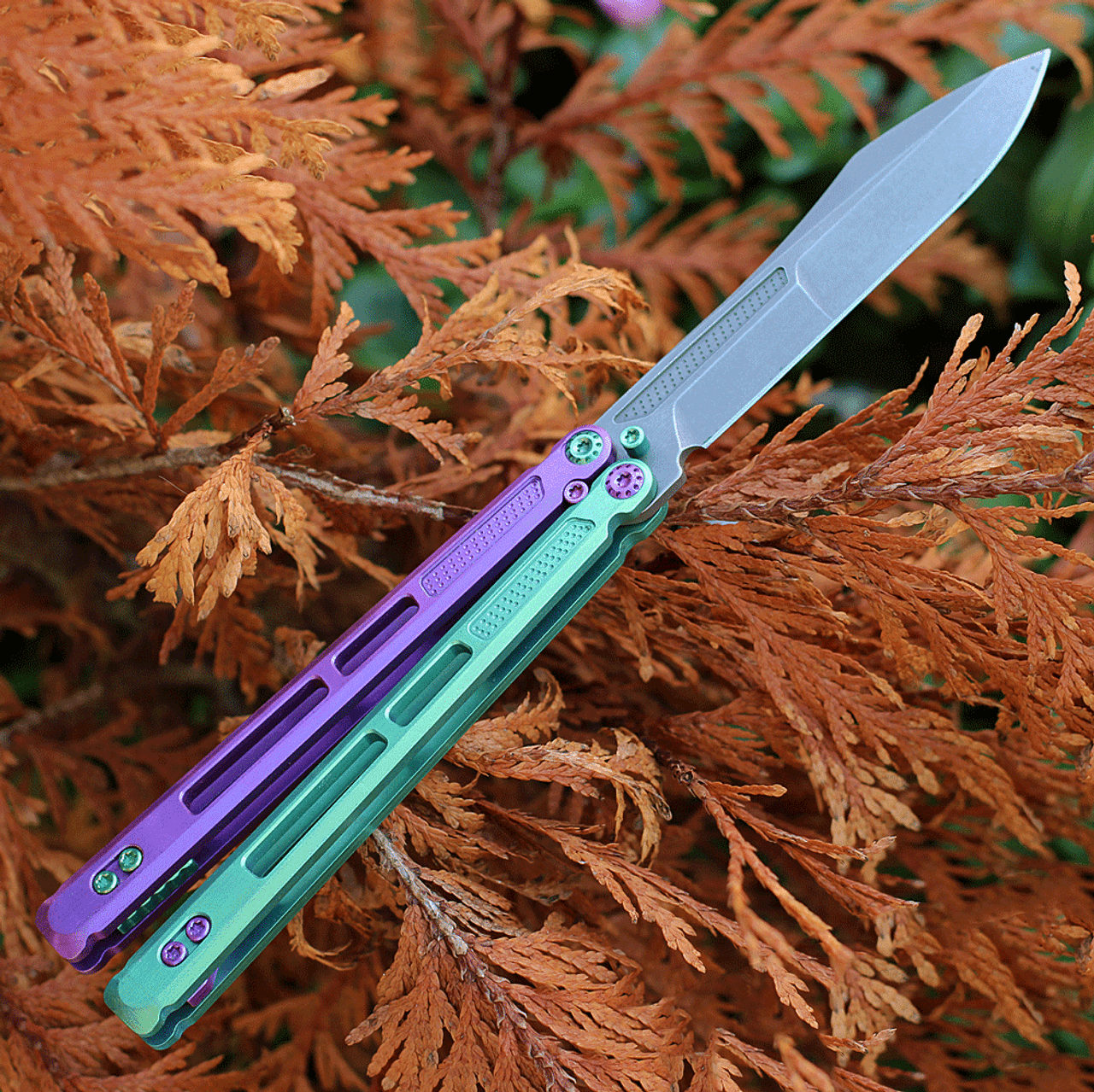 EOS Trident Balisong Joker Edition - Purple / Green Ti (4.5" CPM S30V SW)