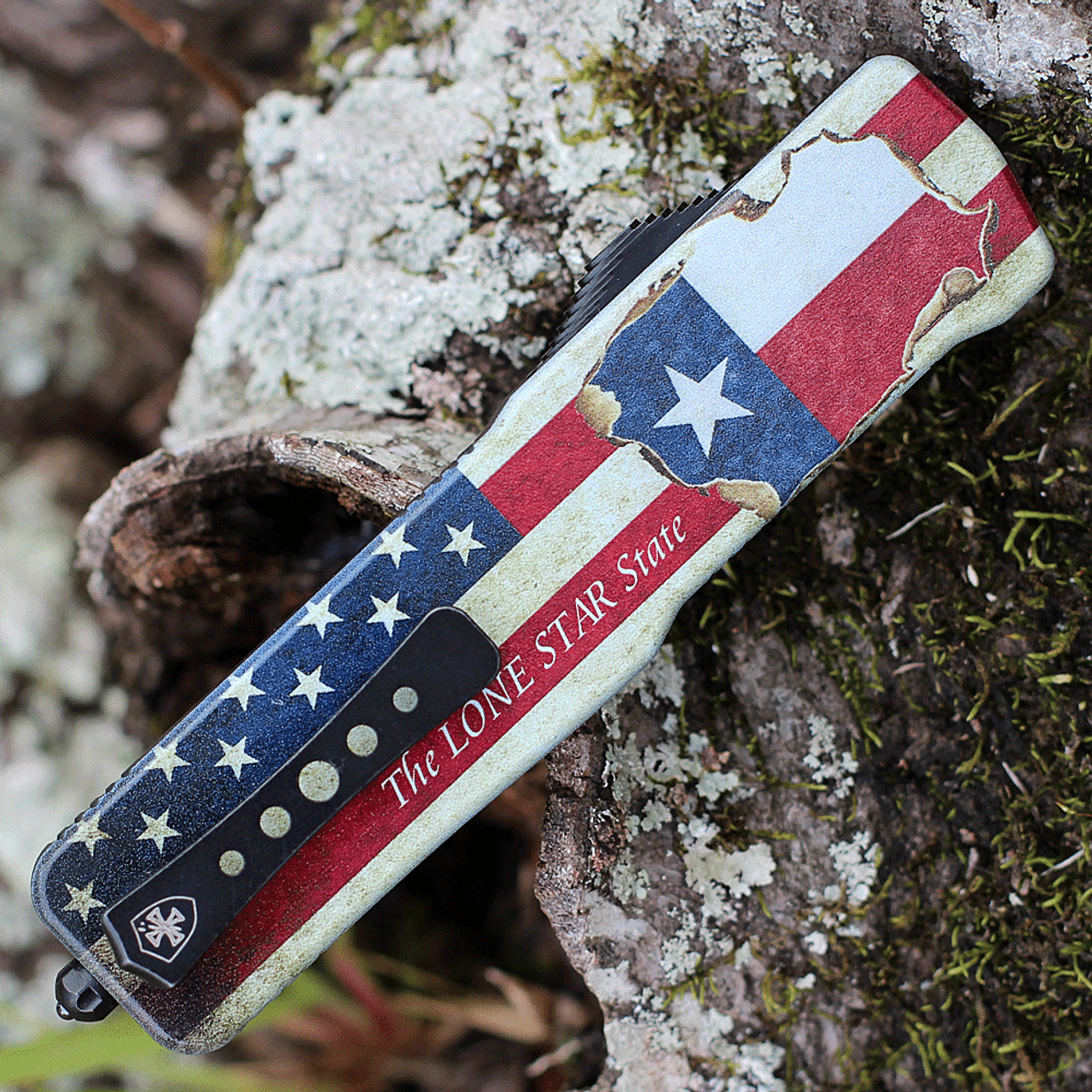 Templar Knife Premium Lightweight Series - Large OTF Automatic (LA-TX-22-1) - 3.55" Powder D2 Black SW Tanto, Aluminum Texan "The Lone Star State" Handle