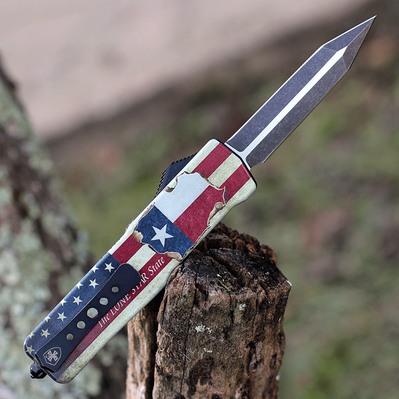 Templar Knife Premium Lightweight Series - Small OTF Automatic (SA-TX-12-1) - 3" Powder D2 Black SW Dagger, Aluminum Texan "The Lone Star State" Handle