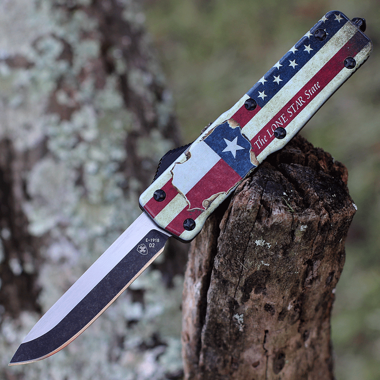 Templar Knife Premium Lightweight Series - Small OTF Automatic (SA-TX-32-1) - 3" Powder D2 Black SW Drop Point, Aluminum Texan "The Lone Star State" Handle