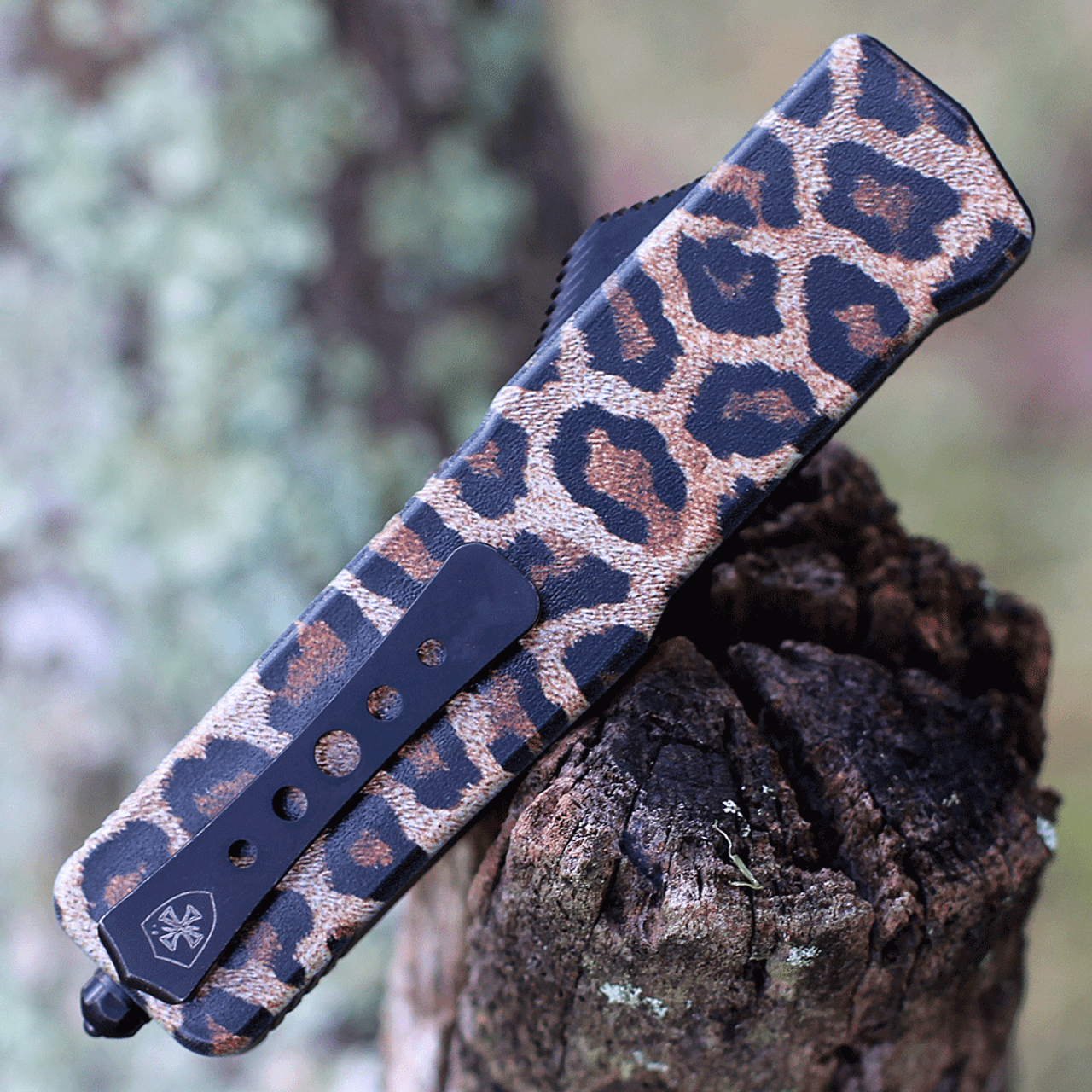 Templar Knife Premium Lightweight Series - Small OTF Automatic (SA-LPD-12-1) - 3" Powder D2 Black SW Dagger, Aluminum Leopard Handle