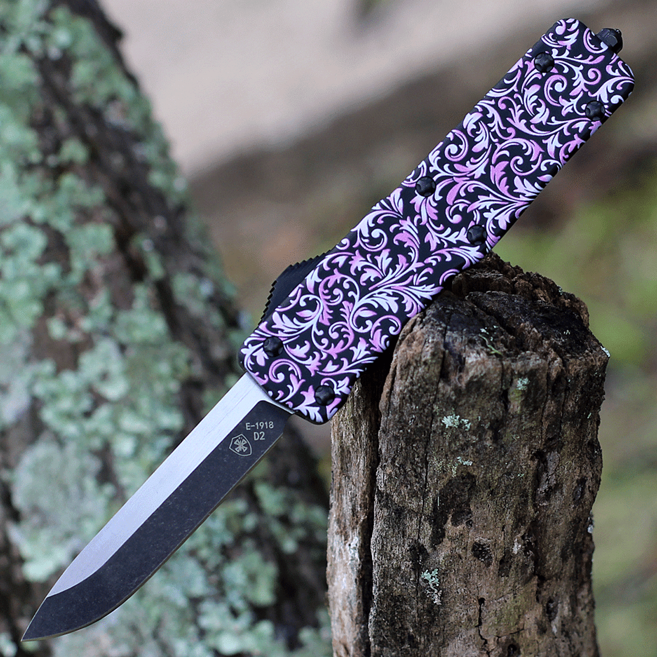 Templar Knife Premium Lightweight Series - Small OTF Automatic (SA-PKF-32-1) - 3" Powder D2 Black SW Drop Point, Aluminum Pink Fleur Handle