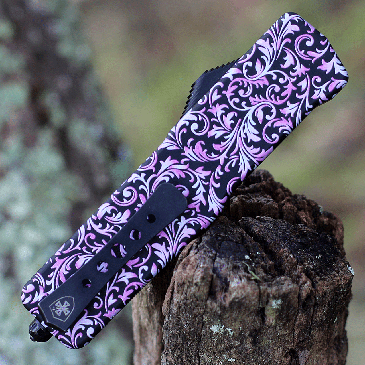 Templar Knife Premium Lightweight Series - Small OTF Automatic (SA-PKF-32-1) - 3" Powder D2 Black SW Drop Point, Aluminum Pink Fleur Handle